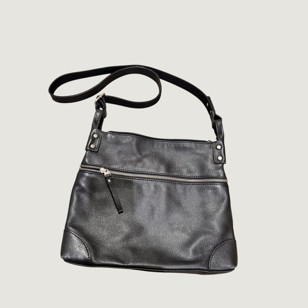 Fossil Black Pebbled Leather Crossbody Bag Silver Hardware Zip Top Messenger
